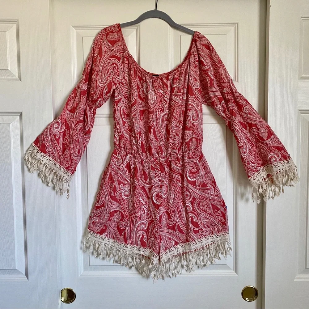 See‎ You Monday Sz XL Coral Paisley Bell Sleeve Fringe Boho Romper Cottagecore